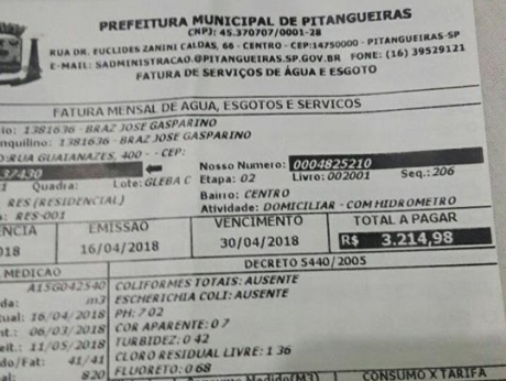 Conta d’água de R$ 3 mil assusta e revolta moradora de Pitangueiras